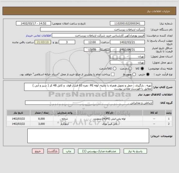 استعلام تهیه ، بارگیری ، حمل و تحویل همراه با تخلیه لوله PE نمره 63 فشار قوی و کابل 48 کر ( سبز و آبی ) مطابق با فهرست مقادیر پیوست