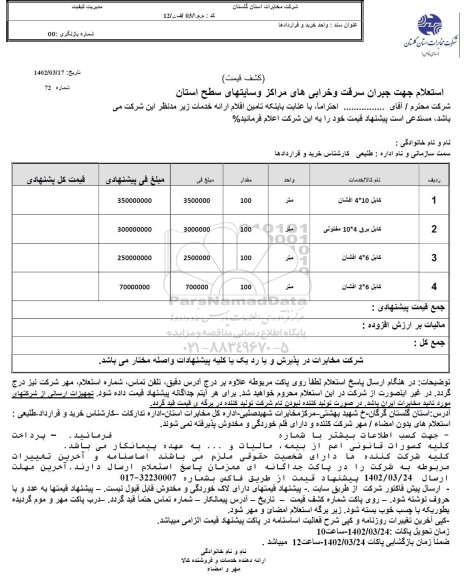 استعلام جهت جبران سرقت و خرابی های مرکز و سایتهای سطح استان 