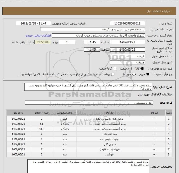 استعلام پروژه تعمیر و تکمیل انبار 500 تنی تعاون روستایی قلعه گنج جهت برق کشی ( فن - چراغ- کلید و پریز- نصب تابلو برق)