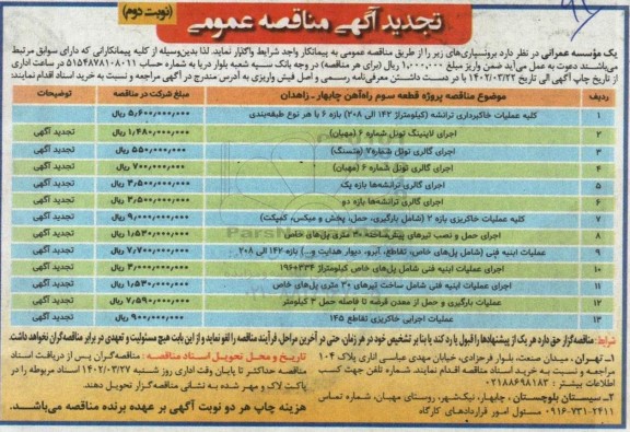 مناقصه کلیه عملیات خاکبرداری ترانشه ....- نوبت دوم