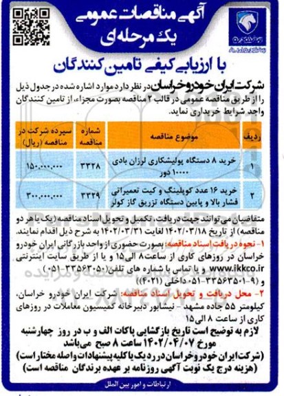 مناقصه  خرید 8 دستگاه پولیشکاری لرزان بادی 10000 دور و ...