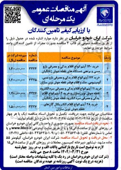 مناقصه  خرید 140 آیتم انواع اقلام یدکی و مصرفی بازو مسی و برنجی دستگاه های نقطه جوش ژنانگیان و ...