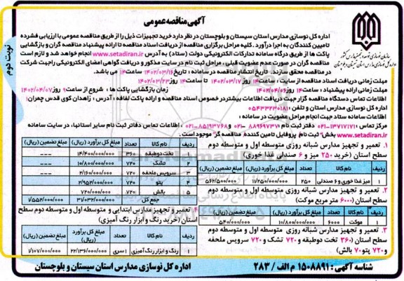 فراخوان مناقصه خرید تجهیزات ...  نوبت دوم