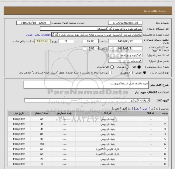 استعلام خرید باطری طبق استعلام پیوست