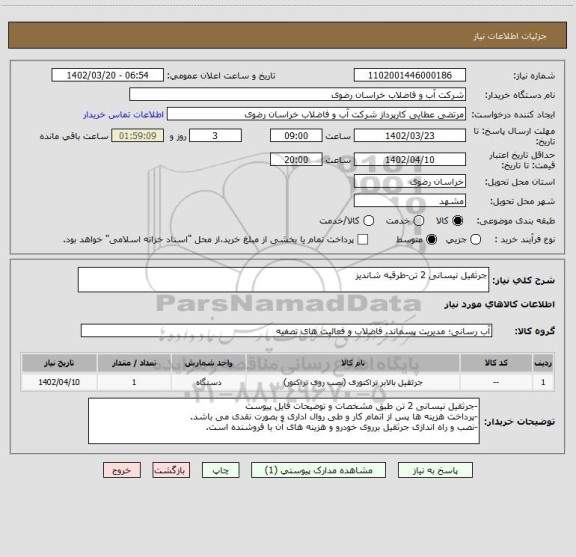 استعلام جرثقیل نیسانی 2 تن-طرقبه شاندیز