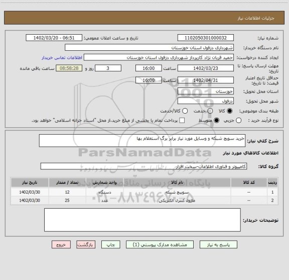 استعلام خرید سویچ شبکه و وسایل مورد نیاز برابر برگ استعلام بها