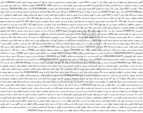 مزایده ملک به پلاک ثبتی 7 فرعی از 4507 اصلی ، مفروز و مجزا شده از فرعی از اصلی مذکور