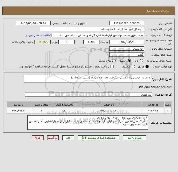 استعلام عملیات اجرایی پروژه مسیر شکافی جاده عباس آباد (مسیر شکافی)