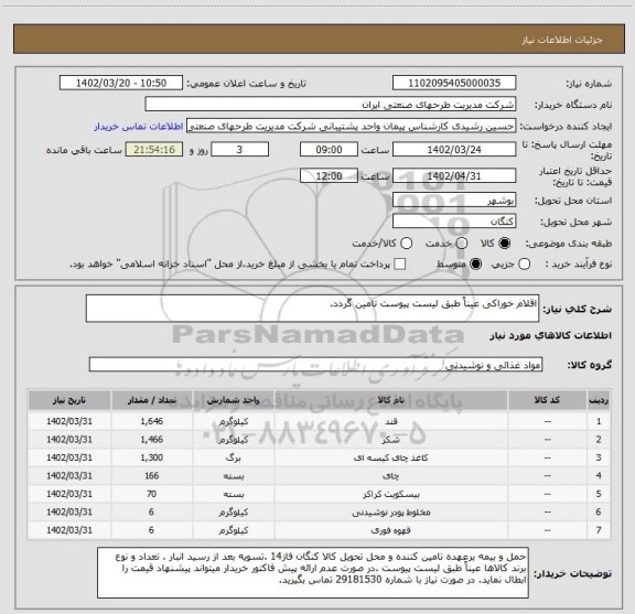 استعلام اقلام خوراکی عیناً طبق لیست پیوست تامین گردد.