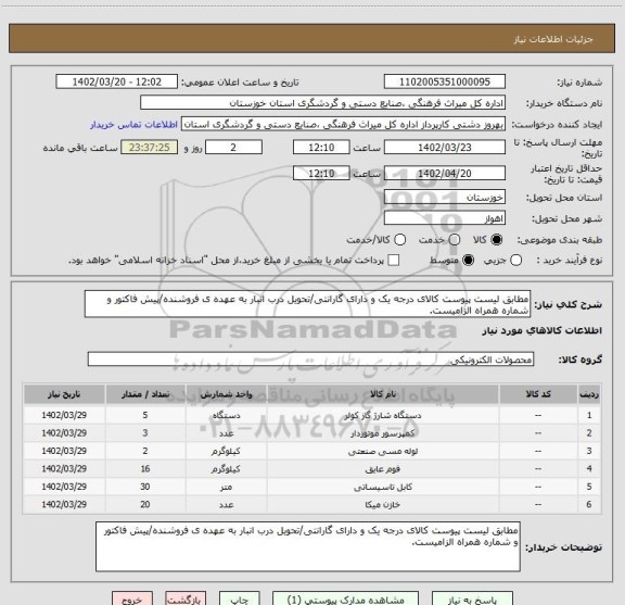 استعلام مطابق لیست پیوست کالای درجه یک و دارای گارانتی/تحویل درب انبار به عهده ی فروشنده/پیش فاکتور و شماره همراه الزامیست.