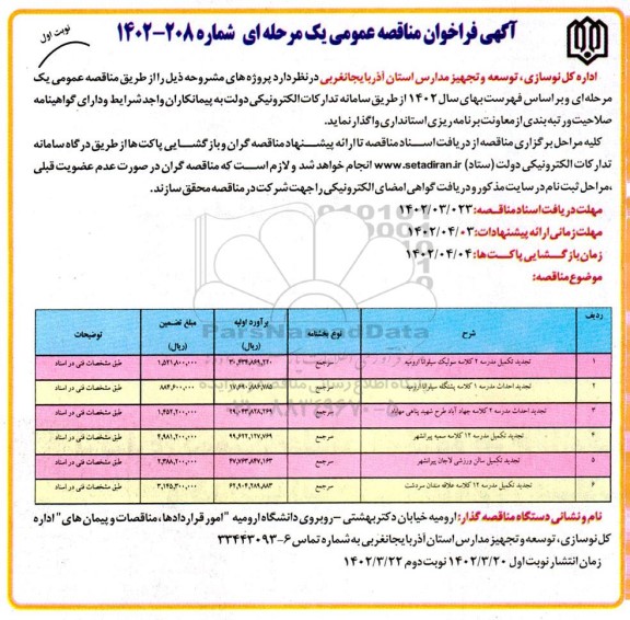 مناقصه تکمیل مدرسه 2 کلاسه  ...
