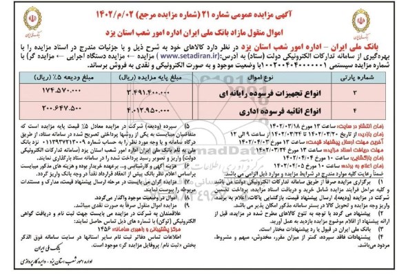مزایده فروش انواع تجهیزات فرسوده رایانه ای و...