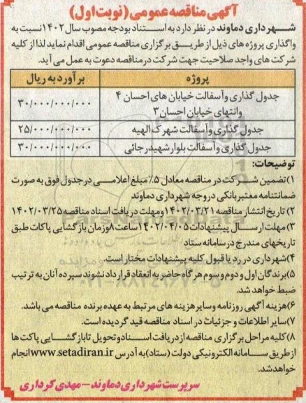 مناقصه جدول گذاری و آسفالت خیابان های احسان 4 و ...