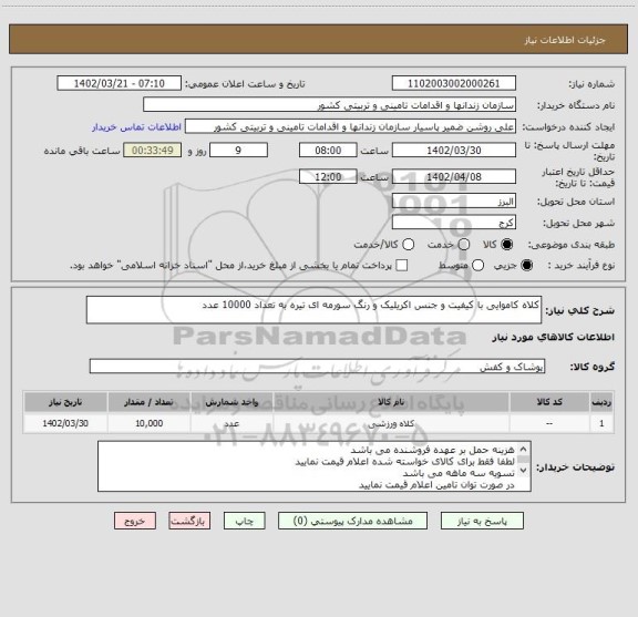 استعلام کلاه کاموایی با کیفیت و جنس اکریلیک و رنگ سورمه ای تیره به تعداد 10000 عدد