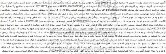 مزایده خودروی سواری هاچ بک سیستم سایپا تیپ تیبا2