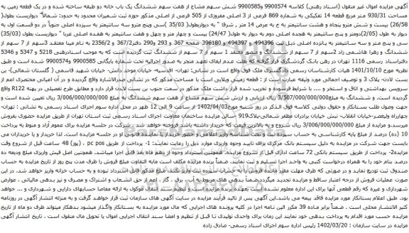 مزایده شش سهم مشاع از هفت سهم ششدانگ یک باب خانه دو طبقه ساخته شده و در یک قطعه زمین به مساحت 930/31 متر مربع قطعه 14 تفکیکی