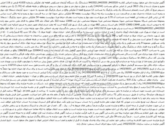 مزایده ششدانگ یک دستگاه آپارتمان مسکونی قطعه اول تفکیکی بشماره 41035 فرعی از 116 اصلی