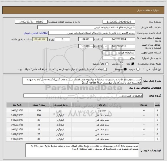 استعلام خرید سموم دفع آفات و بیماریهای درختان و درختچه های فضای سبز و علف کش1-کرایه حمل کالا به عهده فروشنده می باشد(مدارک پیوستی حتماً مطالعه گردد)