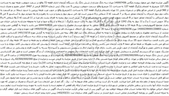 مزایده سه دانگ مشاع از شش دانگ یک دستگاه آپارتمان اداری قطعه 72
