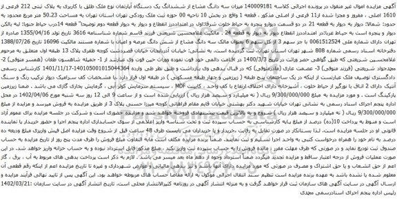 مزایده سه دانگ مشاع از ششدانگ یک دستگاه آپارتمان نوع ملک طلق با کاربری به پلاک ثبتی 212 فرعی از 1610 اصلی