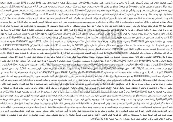 مزایده شش دانگ عرصه و اعیان پلاک ثبتی 8061 فرعی از 3575 اصلی
