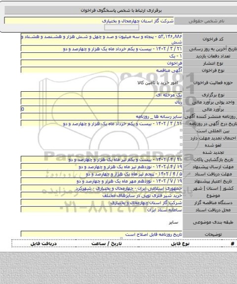 مناقصه, خرید شیر فلزی توپی در سایزهای مختلف