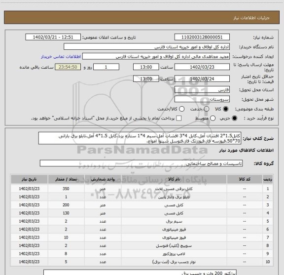 استعلام کابل1.5*2 افشان آمل،کابل 4*3 افشات آمل،سیم 4*1 ستاره یزد،کابل 1.5*4 آمل،تابلو برق بارانی 70*50،فیوزسه فاز،فیوززتک فاز،فتوسل شینوا امواج،