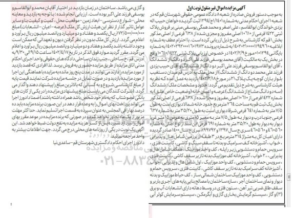 مزایده فروش پلاک ثبتی 1422 فرعی از 10610 اصلی مفروز و مجزی شده از 638 