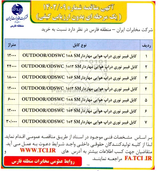 مناقصه خرید کابل فیبر نوری دراپ هوایی مهاردار ...