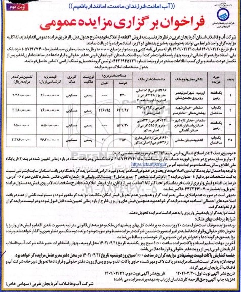 مزایده فروش 4 قطعه از املاک خود - نوبت دوم