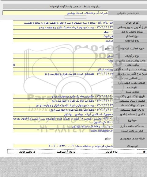 مزایده, ۰۲/۳۰۰۱ تجدید - فروش ۱۶ فقره از املاک مازاد (موضوع بند ع تبصره ٨ قانون بودجه  ١٤٠١ کل کشور)