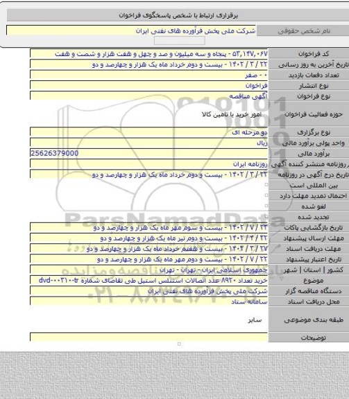 مناقصه, خرید تعداد ۸۹۲۰ عدد اتصالات استنلس استیل طی تقاضای شماره dvd-۰۰۳۱۰-tr