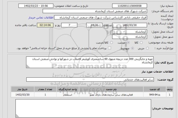 استعلام تهیه و جایگزینی 300 عدد دریچه منهول 60 سانتیمتری کوپلیمر فاضلاب در شهرکها و نواحی صنعتی استان کرمانشاه