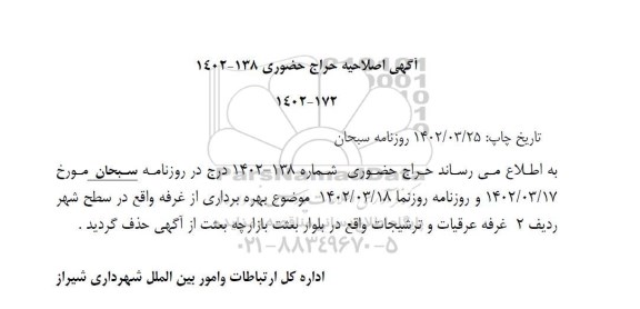اصلاحیه حراج حضوری بهره برداری از تعدادی غرف
