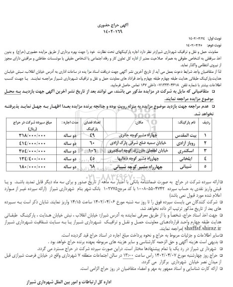 حراج حضوری اجاره پارکینگهای تحت نظارت