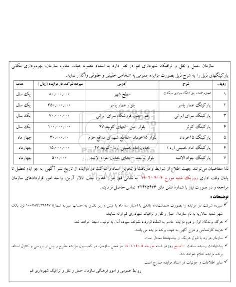 مزایده بهره برداری مکانی پارکینگهای...