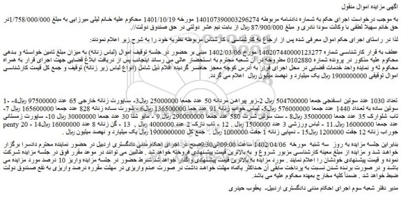 مزایده فروش تعداد 1030 عدد سوتین اسفنجی  و...