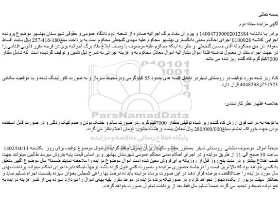 مزایده فروش مقدار 7000کیلوگرم کاه گندم ریز شده