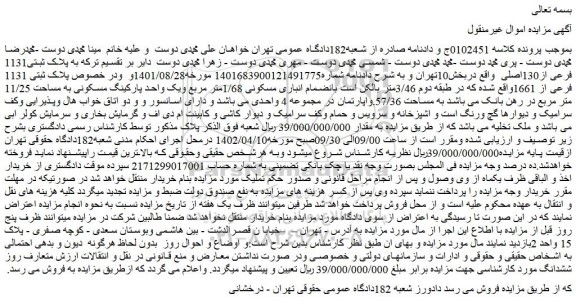 مزایده فروش ملک بانضمام انباری مسکونی 1/68متر مربع ویک واحد پارکینگ مسکونی به مساحت 11/25 متر مربع