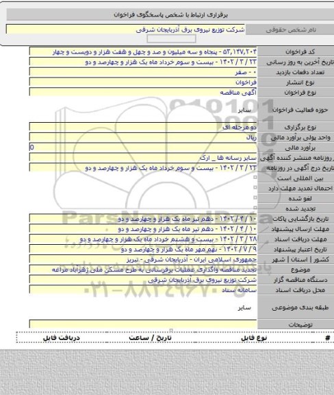 مناقصه, تجدید مناقصه واگذاری عملیات برقرسانی به طرح مسکن ملی ژهرآباد مراغه