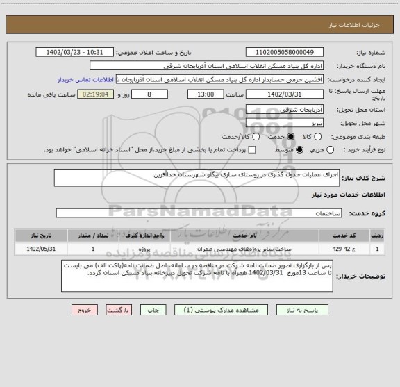 استعلام اجرای عملیات جدول گذاری در روستای ساری بیگلو شهرستان خداآفرین