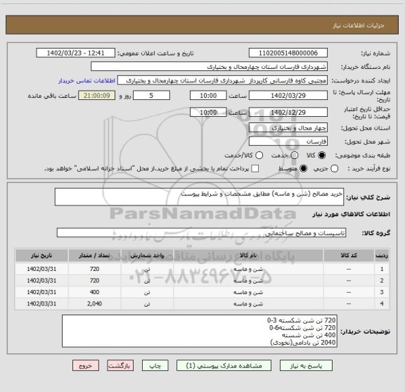 استعلام خرید مصالح (شن و ماسه) مطابق مشخصات و شرایط پیوست