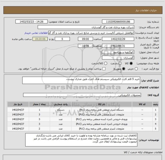 استعلام خرید 5 قلم کارت الکترونیکی سیستم های کنترل طبق مدارک پیوست