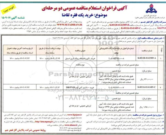مناقصه خرید 20 تن راشینگ رینگ کربن استیل  ... ـ نوبت دوم