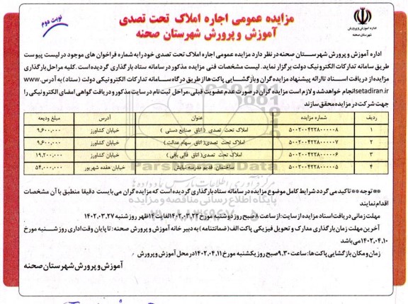 مزایده اجاره املاک تحت تصدی  ـ نوبت دوم