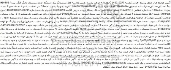 آگهی مزایده ششدانگ یک دستگاه خودرو سیستم: دانگ فنگ