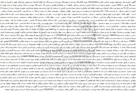 آگهی مزایده میزان 3/6دانگ مشاع از چهاردانگ مشاع از ششدانگ یک قطعه آپارتمان مسکونی نوع ملک طلق با کاربری به پلاک ثبتی 56 فرعی از 1642 اصلی