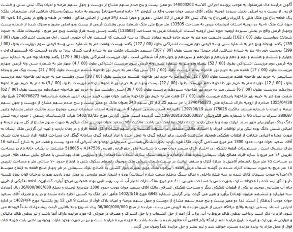 آگهی مزایده دو ممیز بیست و پنج صدم سهم مشاع از دویست و چهل سهم عرصه و اعیان پلاک ثبتی سی و هشت فرعی از بیست و دو اصلی