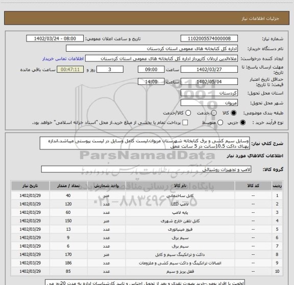استعلام وسایل سیم کشی و برق کتابخانه شهرستان مریوان.لیست کامل وسایل در لیست پیوستی میباشد.اندازه پهنای داکت 10.5سانت در 5 سانت عمق