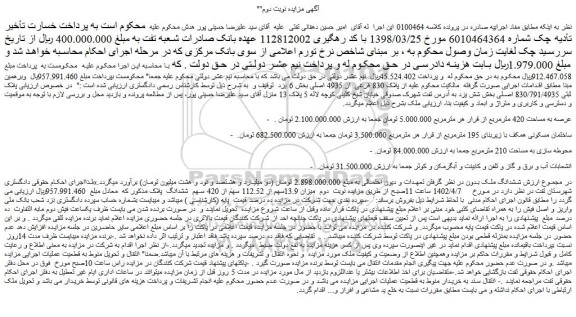 مزایده فروش ششدانگ ملک